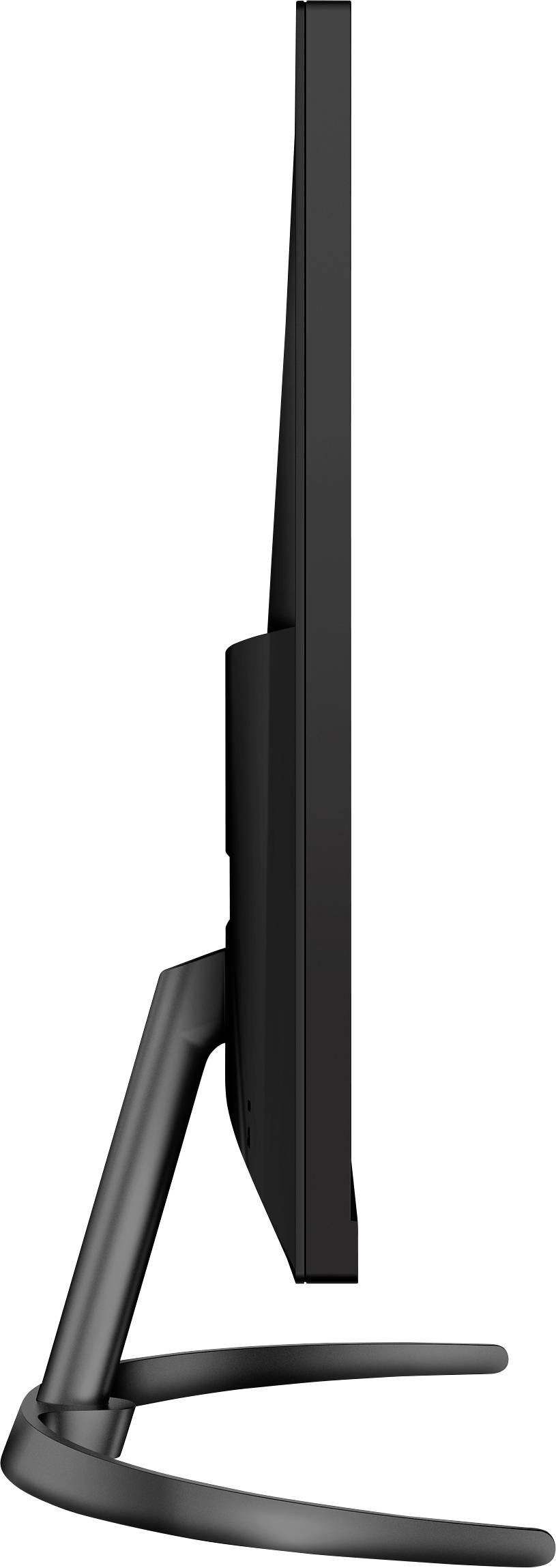 Zijaanzicht van een slanke zwarte computermonitor met een modern voetstuk.