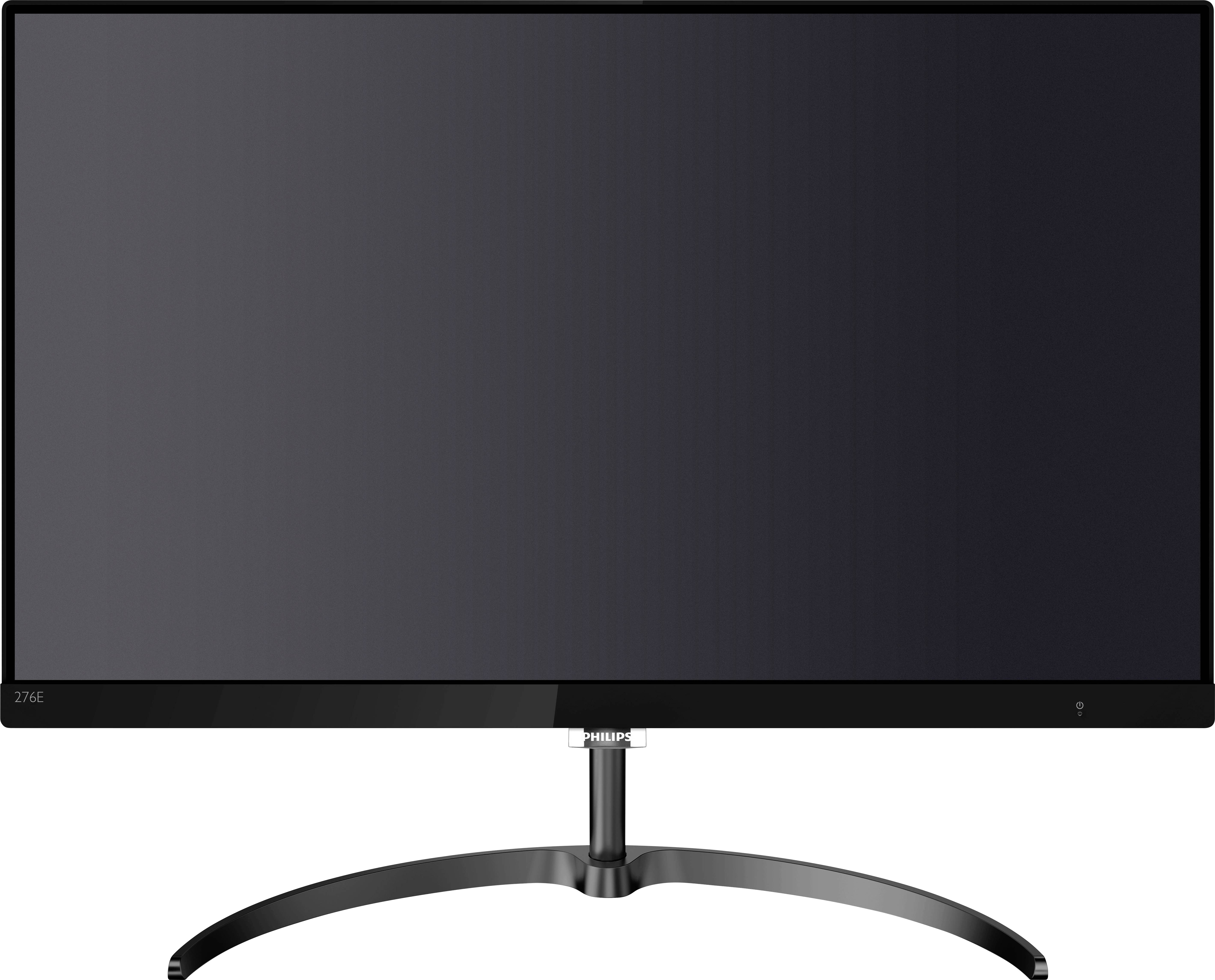 Een zwarte flatscreen-computermonitor met een smal frame en een elegante, gebogen voet.