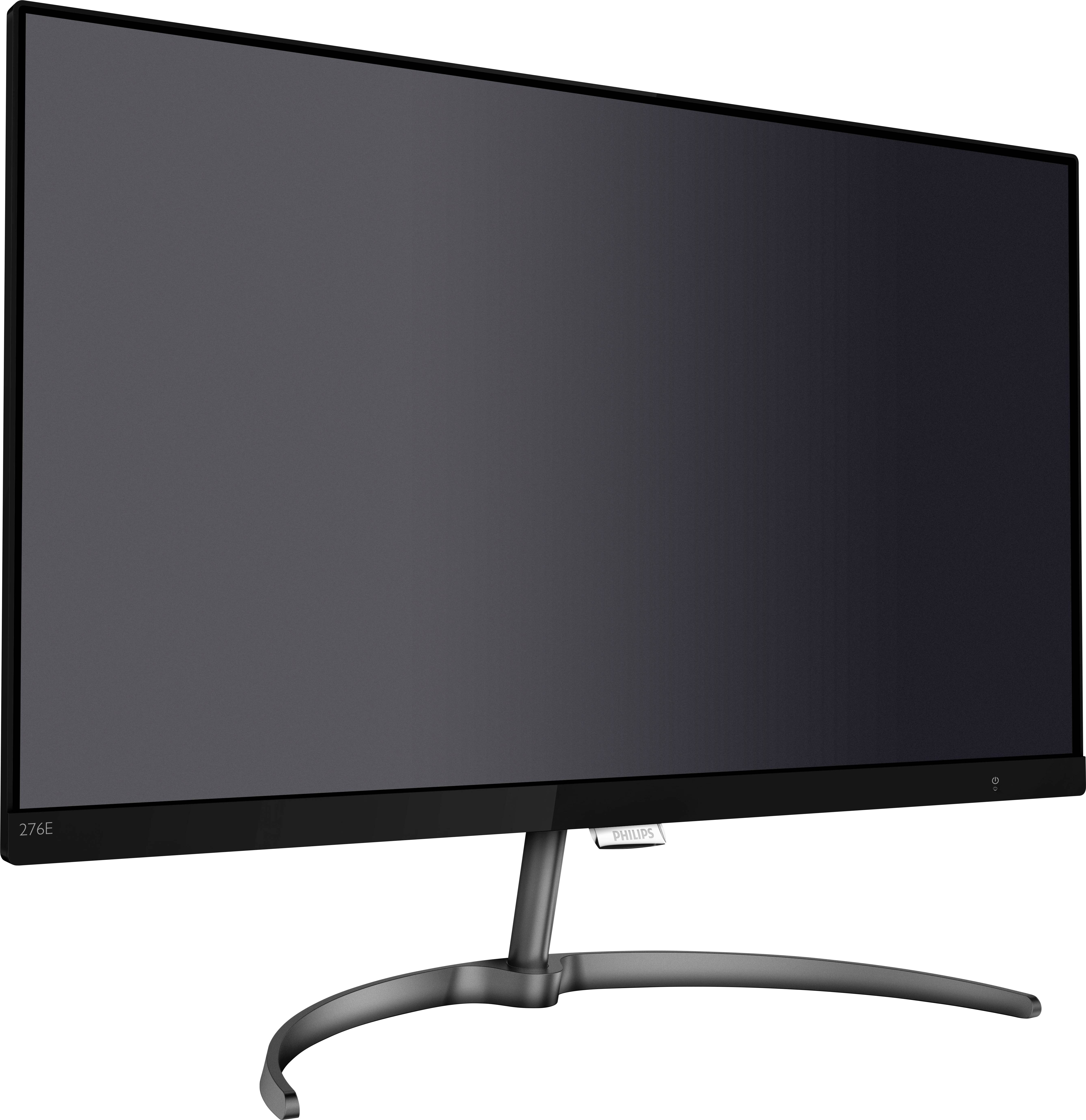 Een zwart, modern computerscherm op een slanke, gebogen standaard tegen een witte achtergrond.