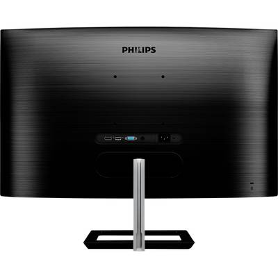 Achteraanzicht van een Philips-monitor op een metalen standaard, toont aansluitingen en netschakelaar in het midden aan de achterkant.