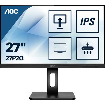 Een 27-inch monitor van AOC, model 27P2Q, met IPS-technologie en symbolen voor hoogteaanpassing, kanteling en draaibaar.