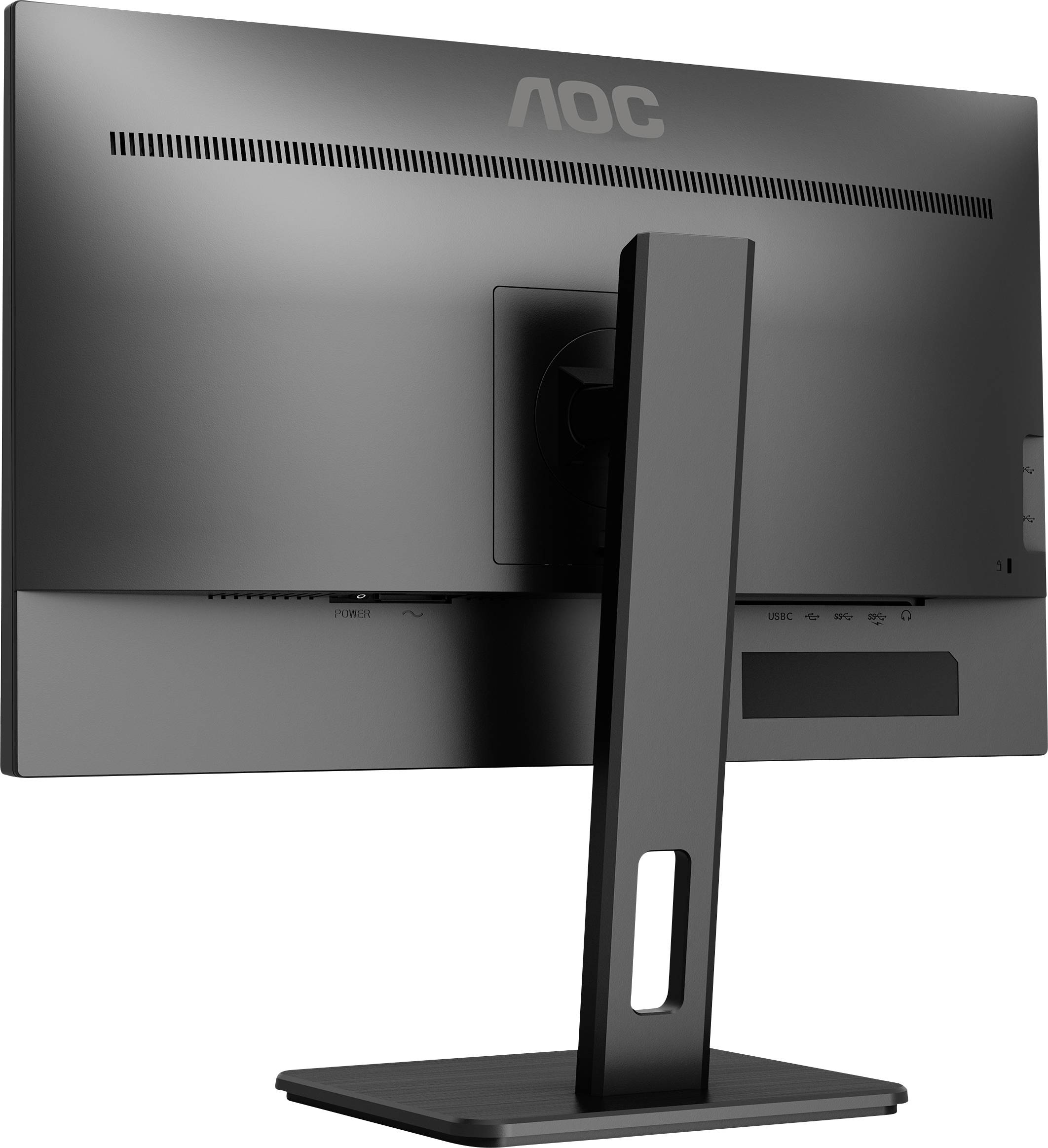 Achterkant van een AOC-monitor op een zwarte standaard. Strak design met ventilatiesleuven bovenaan en aansluitingen onderaan.