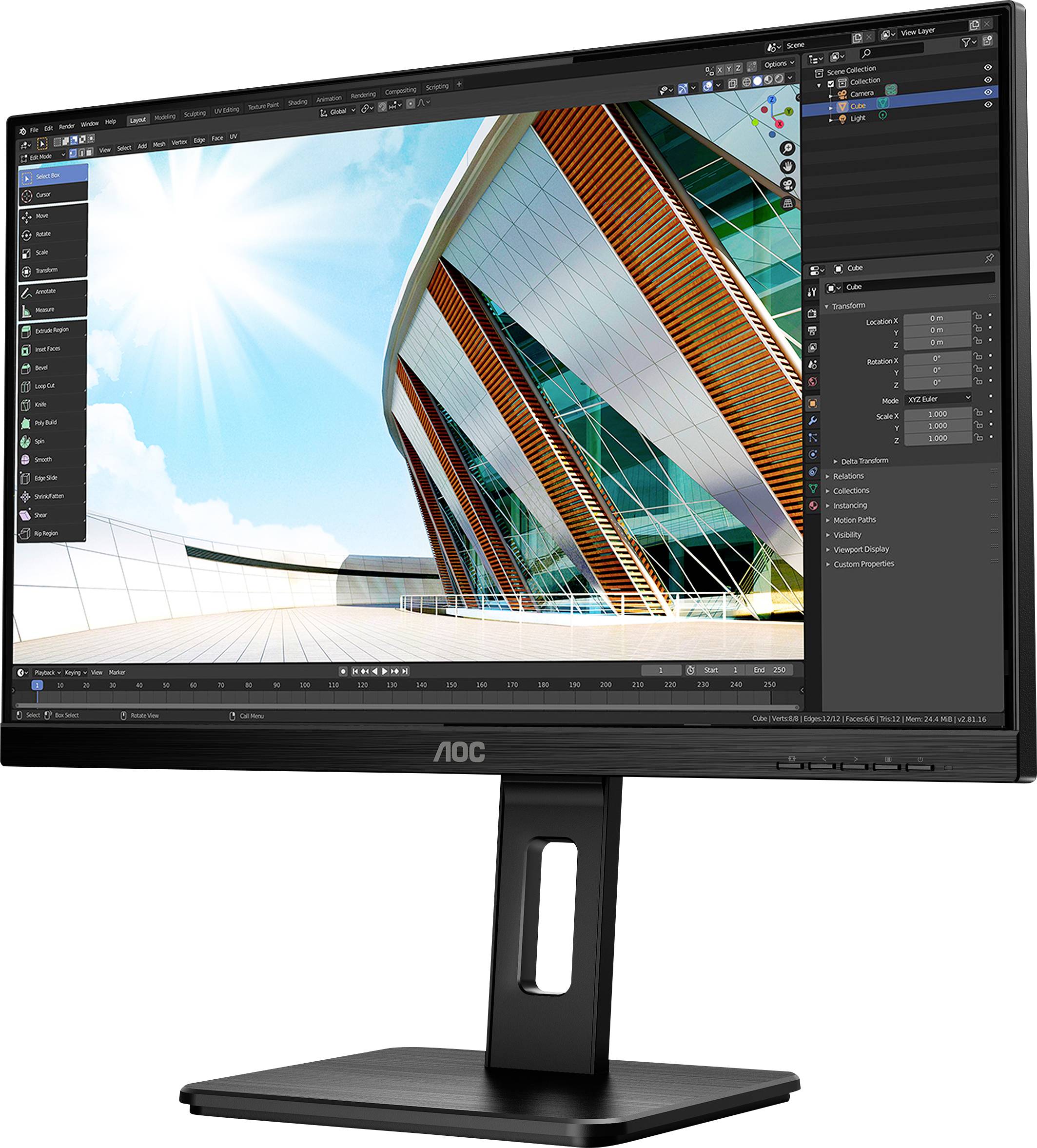 Een monitor toont een architectuur-renderingsoftware met een modern gebouwontwerp voor een zonnige lucht.