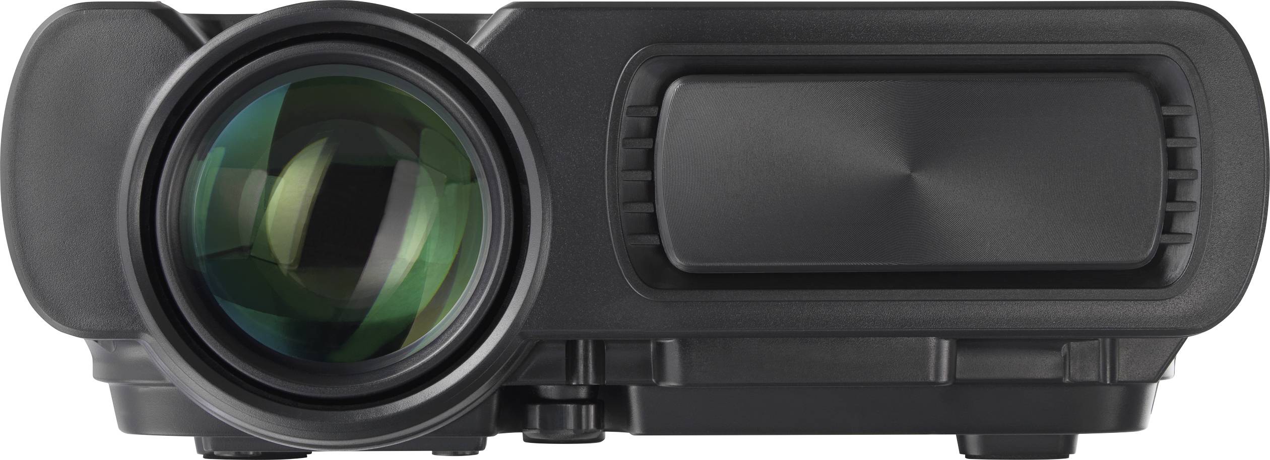 Een zwarte projector met een groot objectief aan de linkerkant, geschikt voor presentaties of thuisbioscoop toepassingen.