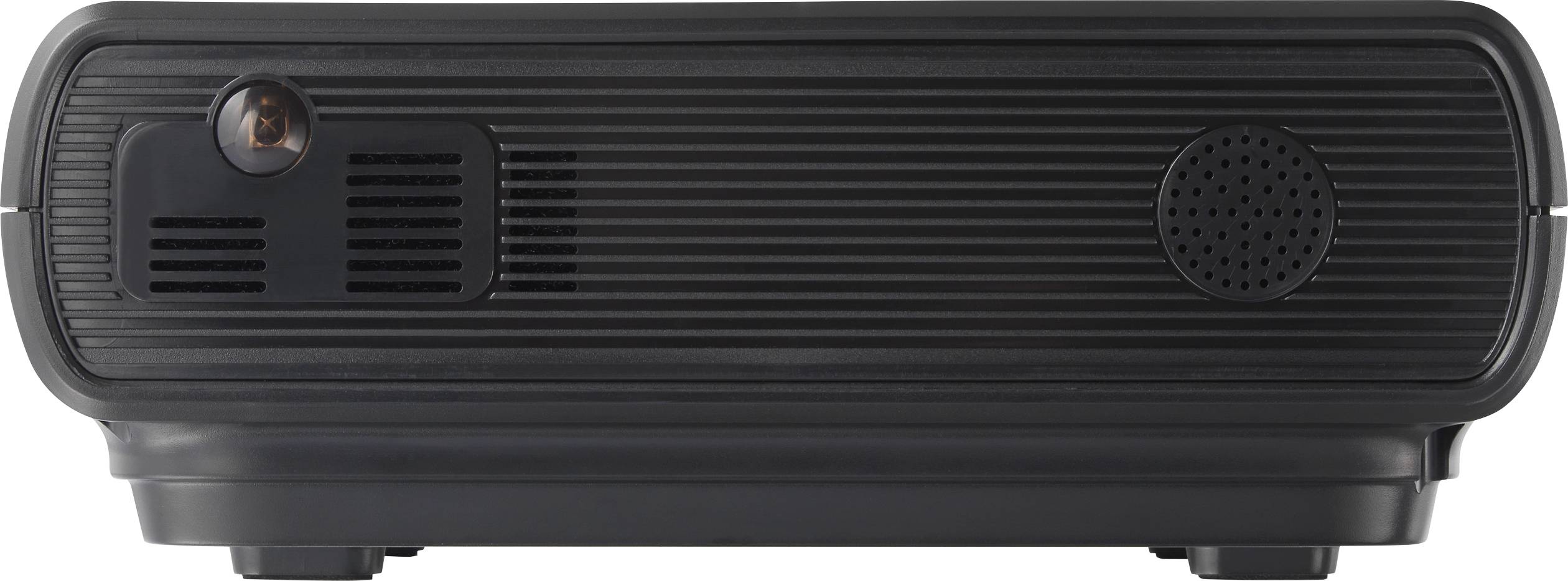 Een zwarte, compacte projector, vooraanzicht, toont lens en ventilatieopening. Ideaal voor kantoor- of thuisbioscoop-omgeving.