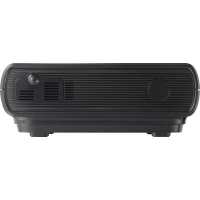 Een zwarte, compacte projector, vooraanzicht, toont lens en ventilatieopening. Ideaal voor kantoor- of thuisbioscoop-omgeving.