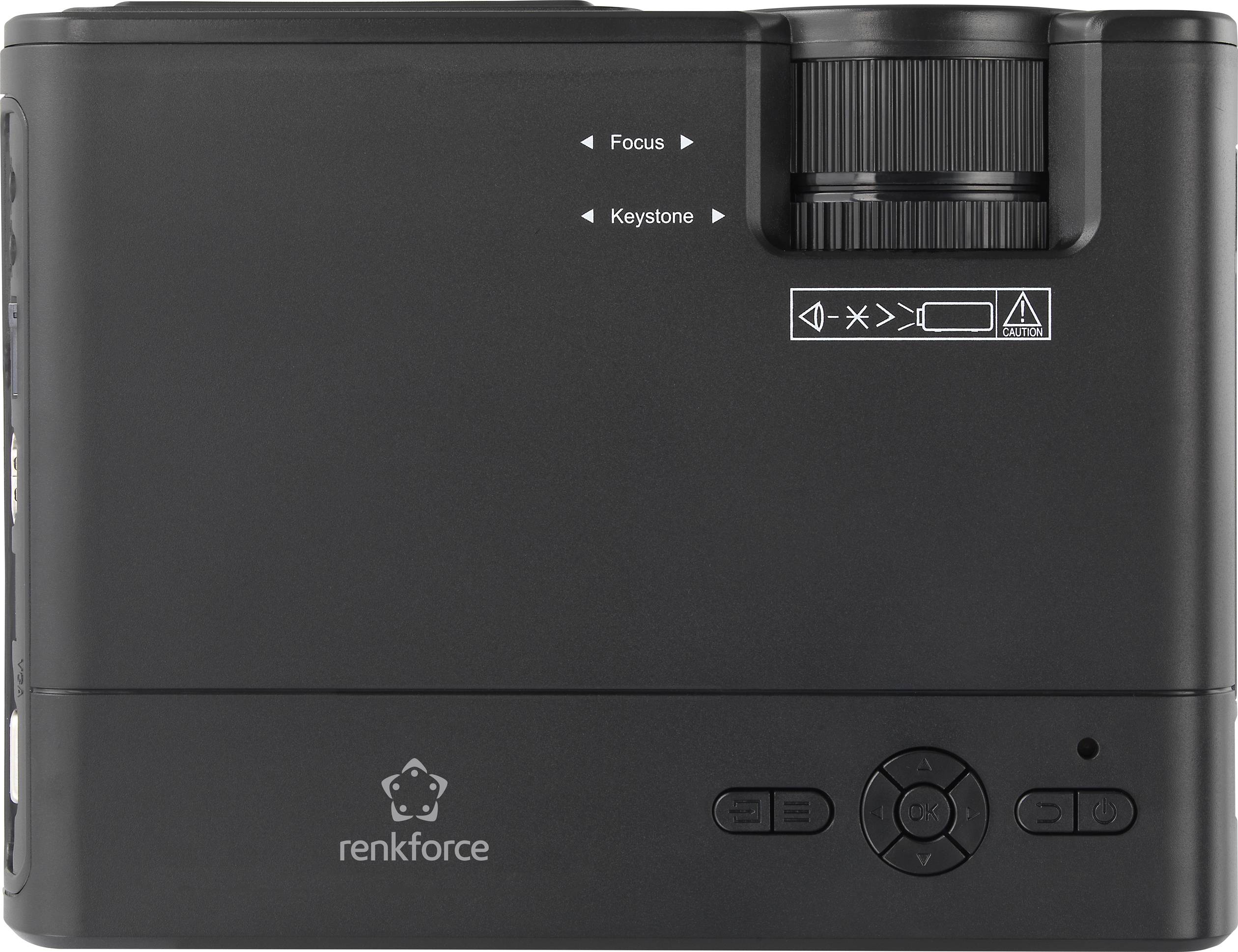 Een zwarte draagbare projector van het merk renkforce met focusinstelling en keystone-correctie.