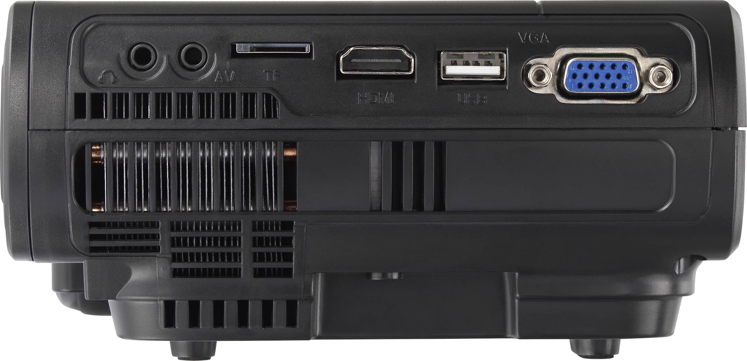 Achterkant van een projector met HDMI-, USB-, VGA- en audio-aansluitingen.