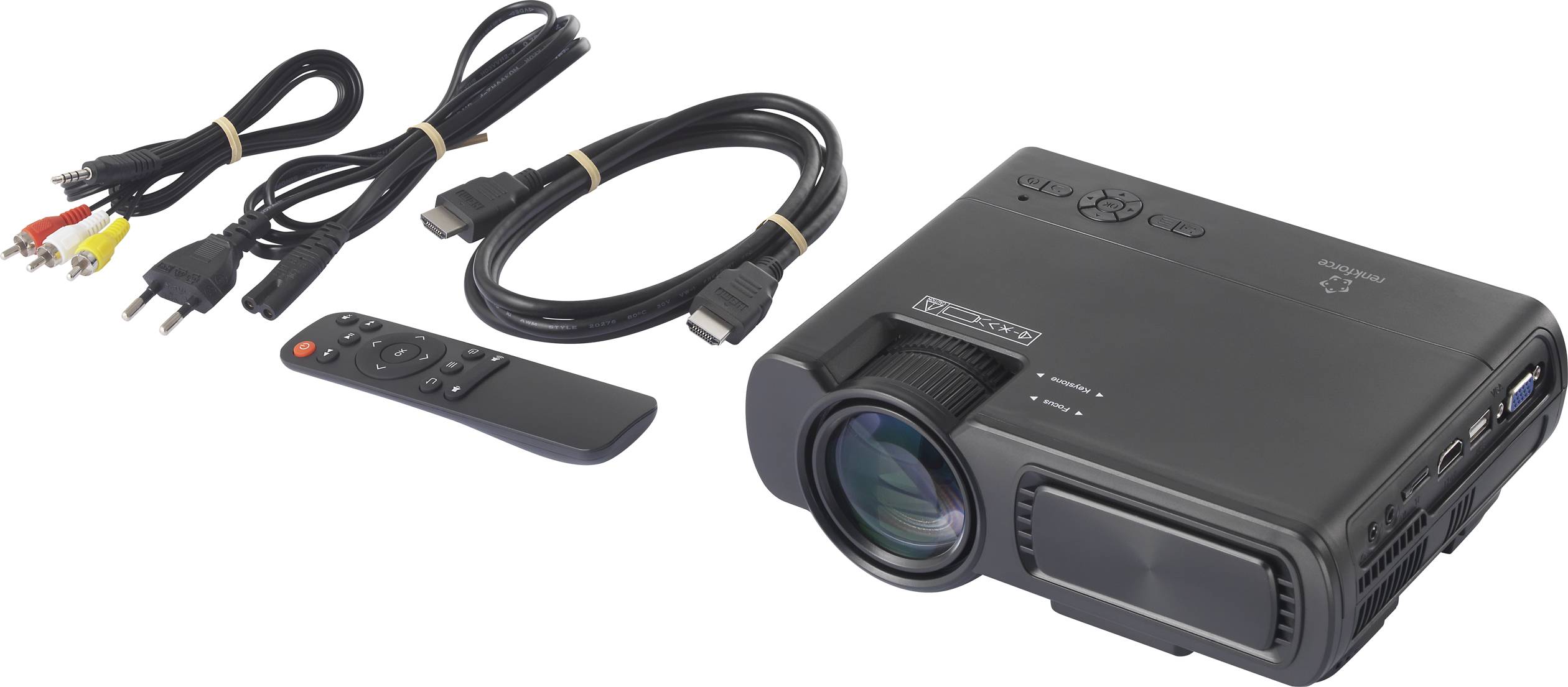Een zwarte projector met afstandsbediening en meerdere kabels: HDMI, AV en stroomkabel. Geschikt voor thuisbioscoop of presentaties.