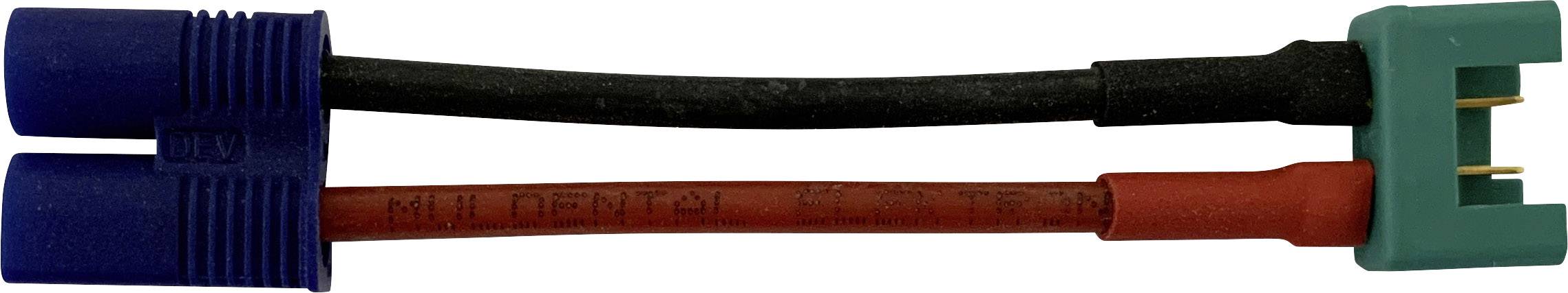 Een adapterkabel met een blauwe en rode stekker en een groene driepins aansluiting; wordt gebruikt voor het verbinden van verschillende apparaten.
