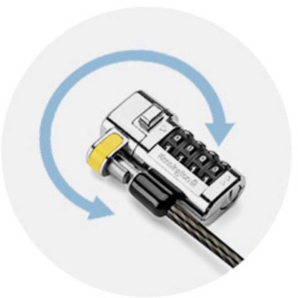Een zilveren getallenslot met gele toets en stalen kabel toont de werkwijze door middel van pijlen.