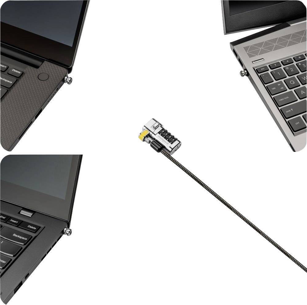 Een diefstalvergrendelingskabel die aan de zijkant van een laptop is bevestigd om hem te beveiligen. Close-up van de laptoprand en de kabelaansluiting.