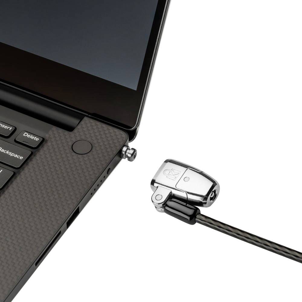Een laptop is vergrendeld met een beveiligingsslot dat diefstal voorkomt door het apparaat te bevestigen aan een vast object.