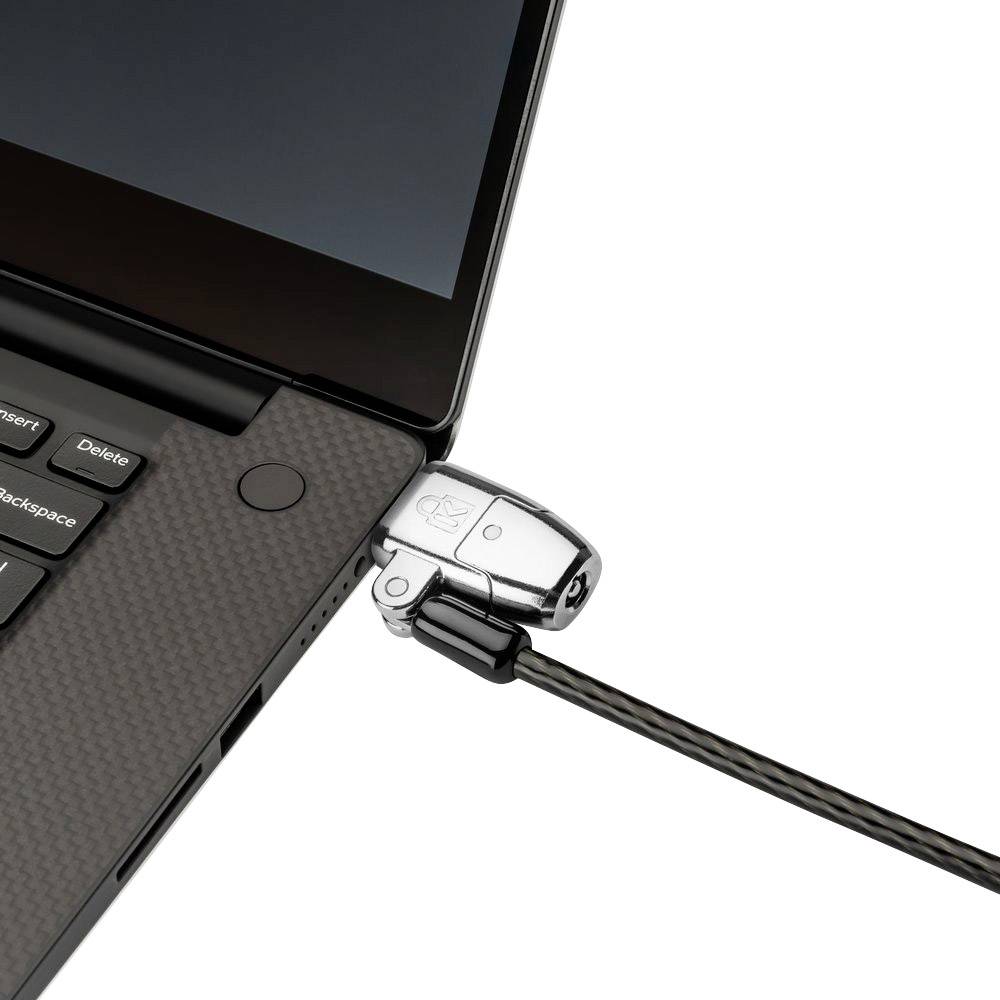Een laptop met een beveiligingsslot dat aan de zijkant is bevestigd met een kabel.