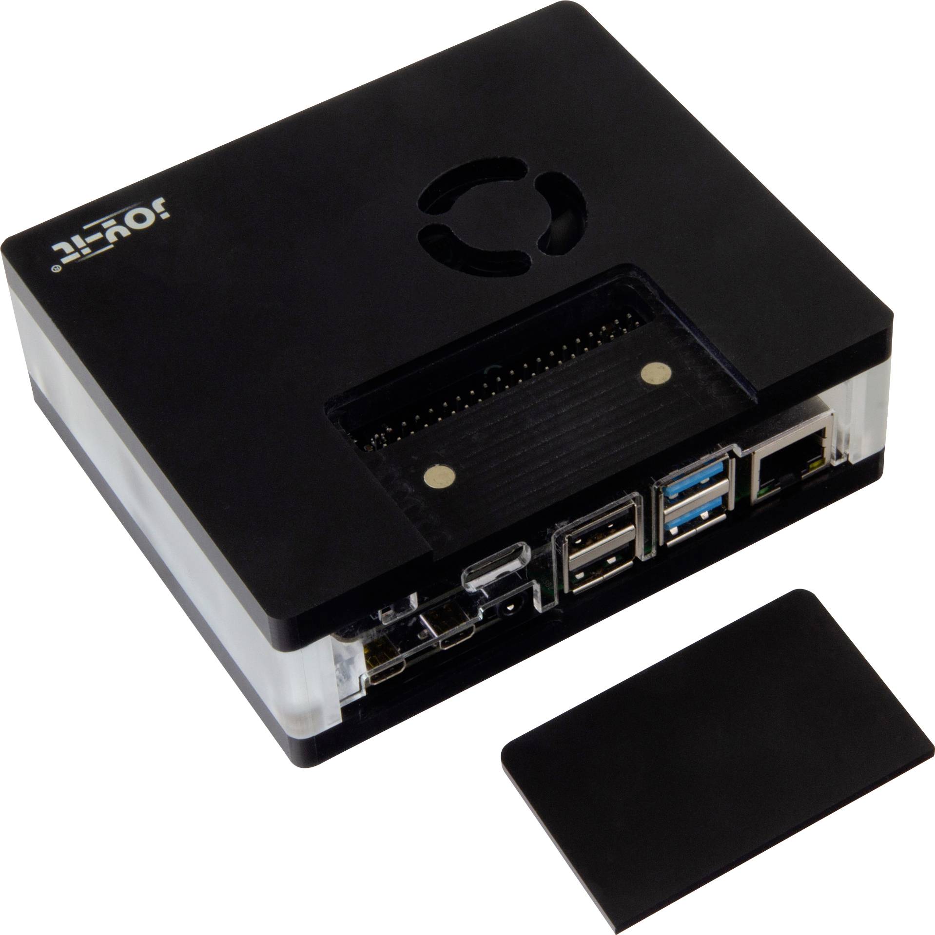 Een zwarte behuizing met transparante elementen voor een Raspberry Pi, toont aansluitingen en een afneembaar deksel.