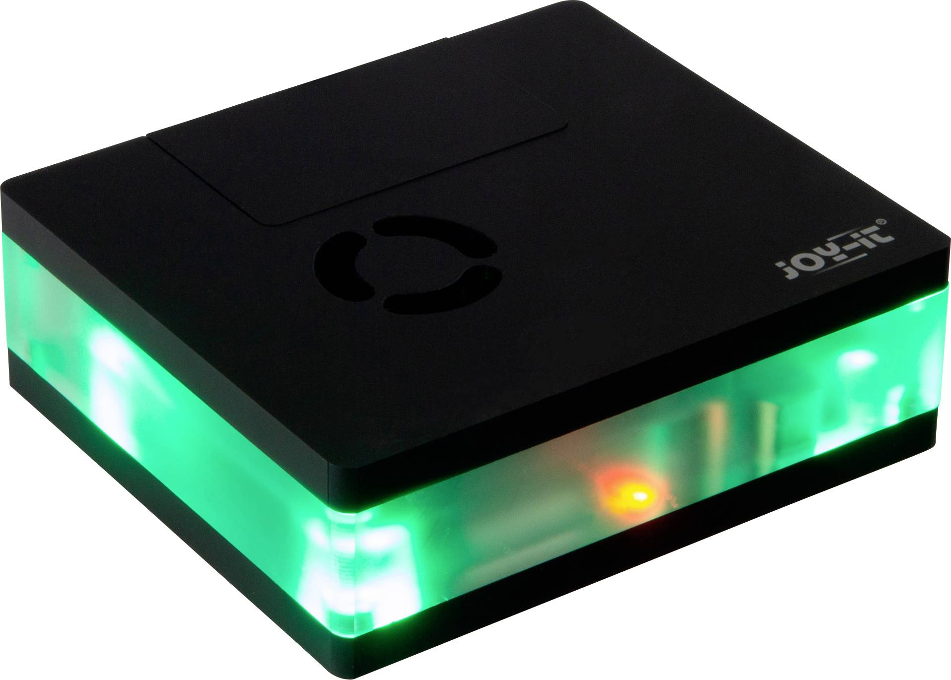 Een zwart apparaat met een lichtgevende, transparante rand die groen en oranje kleuren uitstraalt.
