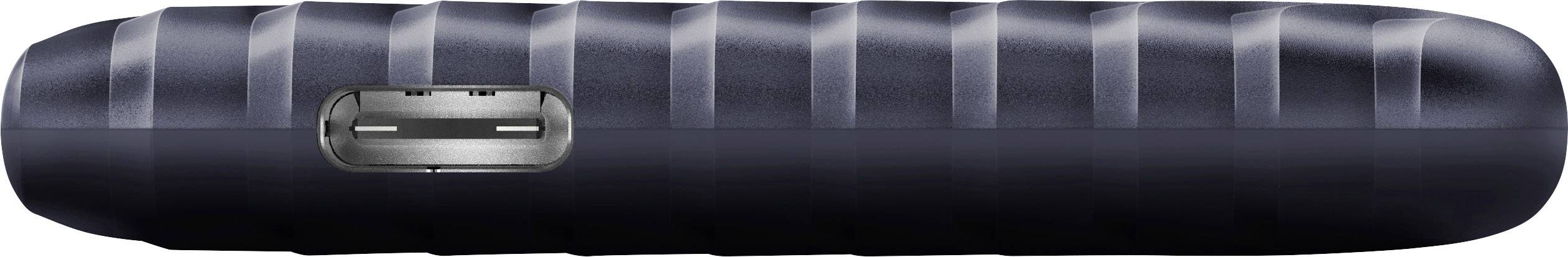 Externe harde schijf in matte zwarte uitvoering met USB-aansluiting, slank ontwerp.