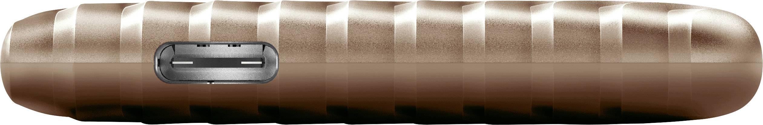 Externe harde schijf met glanzende, bronskleurige behuizing en USB-C-aansluiting aan de zijkant.