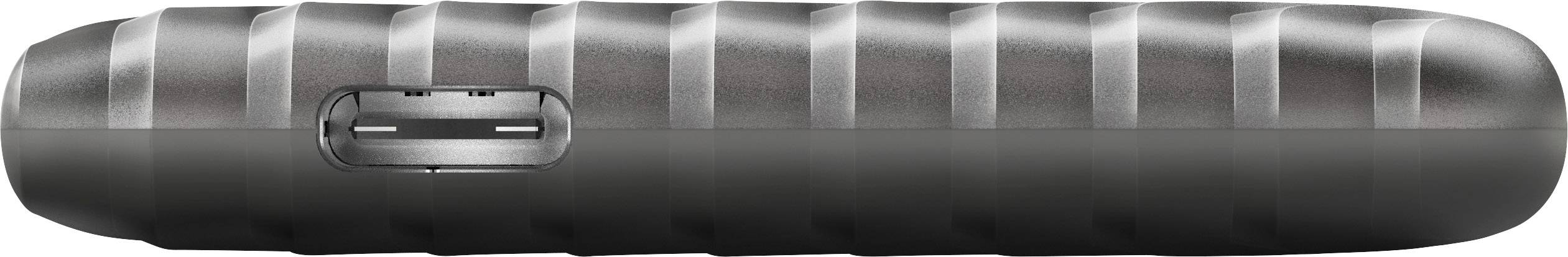 Een zwart-grijs, geribbeld apparaat met een USB-aansluiting aan de zijkant.