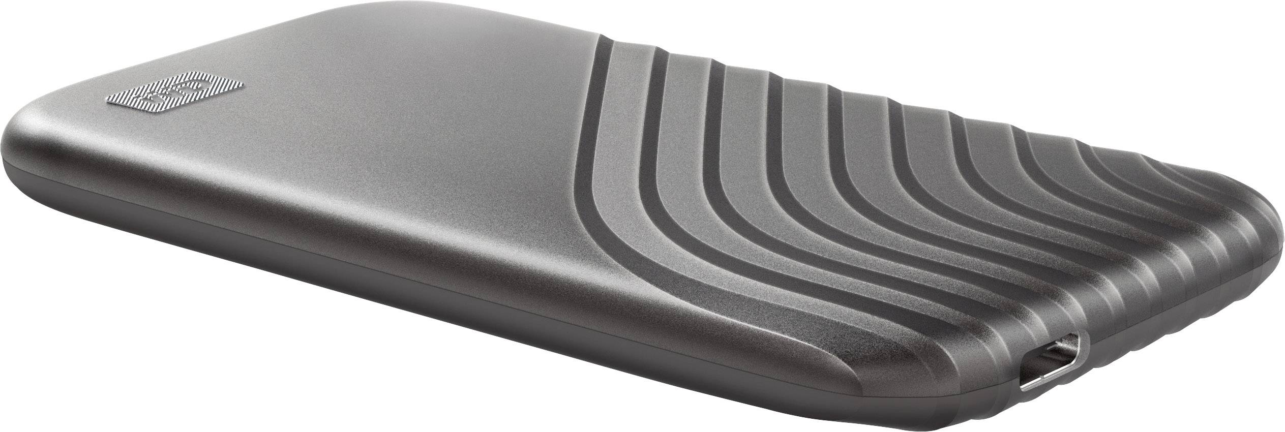 Draagbare externe harde schijf in matte grijs met golvend design, USB-aansluiting aan de voorkant. Ideaal voor gegevensback-up.