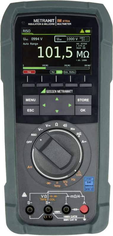 Een digitaal multimeter met display toont de waarde '101,5 MΩ'. Toetsen voor verschillende functies en instellingen zijn zichtbaar.