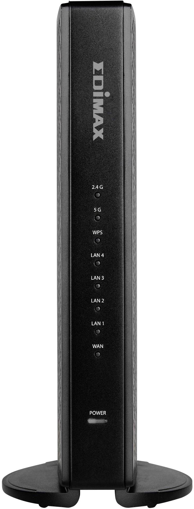 Een zwarte WLAN-router in rechtopstaande positie met meerdere aansluit- en functie-indicatoren aan de voorzijde.
