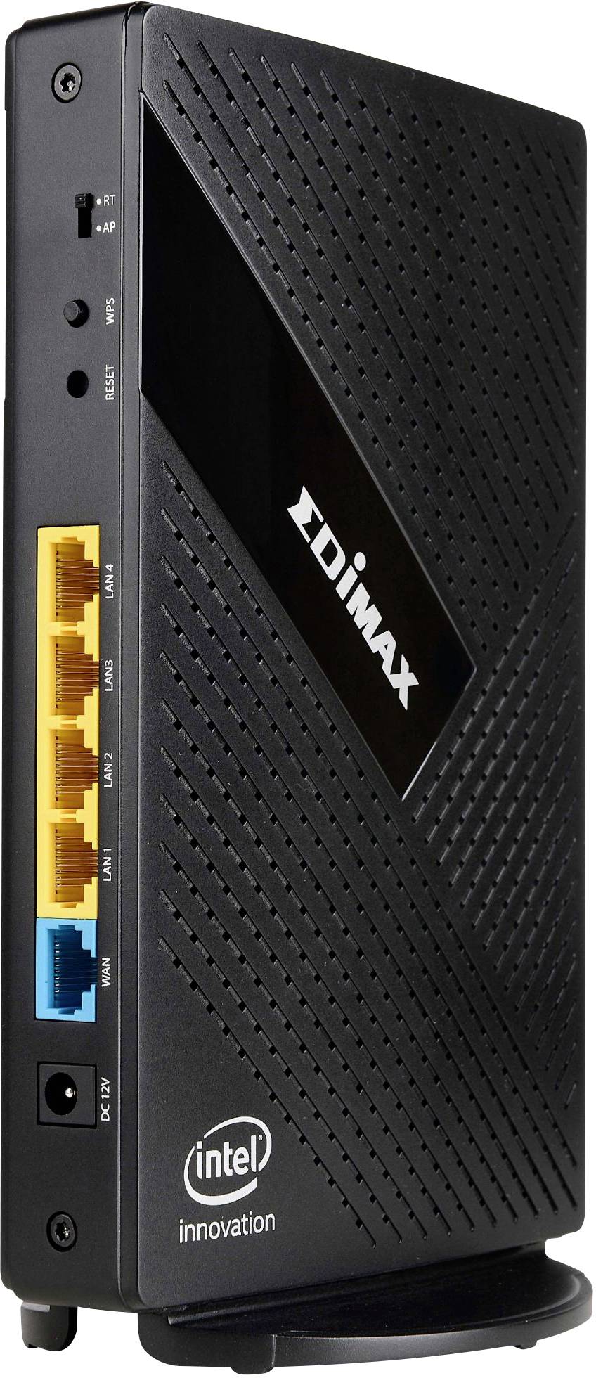 'Edimax' router met Intel-logo, vijf Ethernet-poorten, stroomaansluiting, geschikte plaatsing voor netwerken.