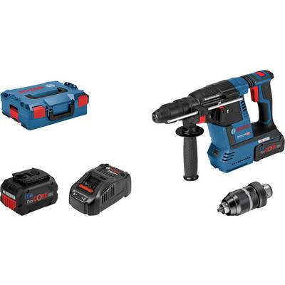 Boorhamer-set met toebehoren: Machine, accu, oplader, boorkop en transportkoffer. Merknaam zichtbaar op gereedschap en koffer.