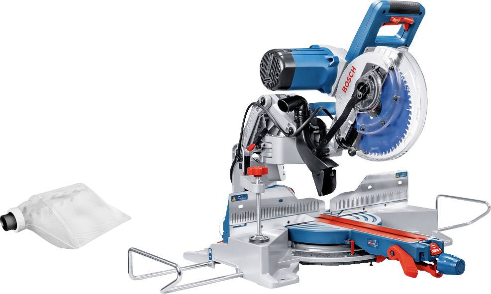 Een blauwe en zilveren elektrische verstekzaag met rode accenten, naast een witte stofzak.