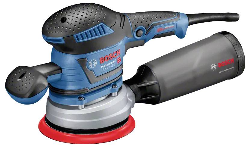 Bosch Professional excentrische schuurmachine met een blauw en zwart ontwerp en een stofopvangzak aangesloten, gebruikt voor het glad schuren van oppervlakken.