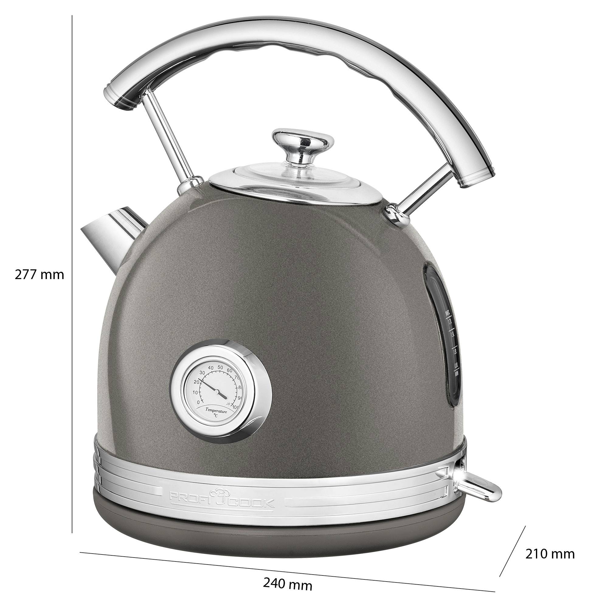 'Grijze waterkoker in retro-design met thermometer aan de voorkant. Afmetingen 240 mm (breedte) x 210 mm (diepte) x 277 mm (hoogte).'