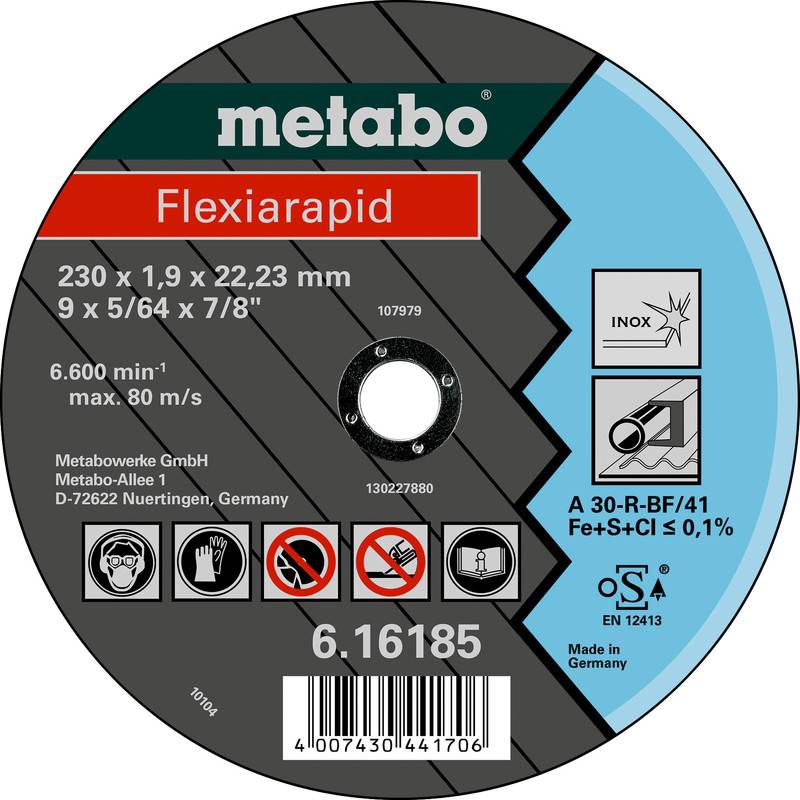 Cirkelslipschijf Metabo Flexiarapid slijpschijf etiket met productgrootte, snelheidswaarden, veiligheidspictogrammen, INOX-markering, streepjescode en 'Gemaakt in Duitsland'.