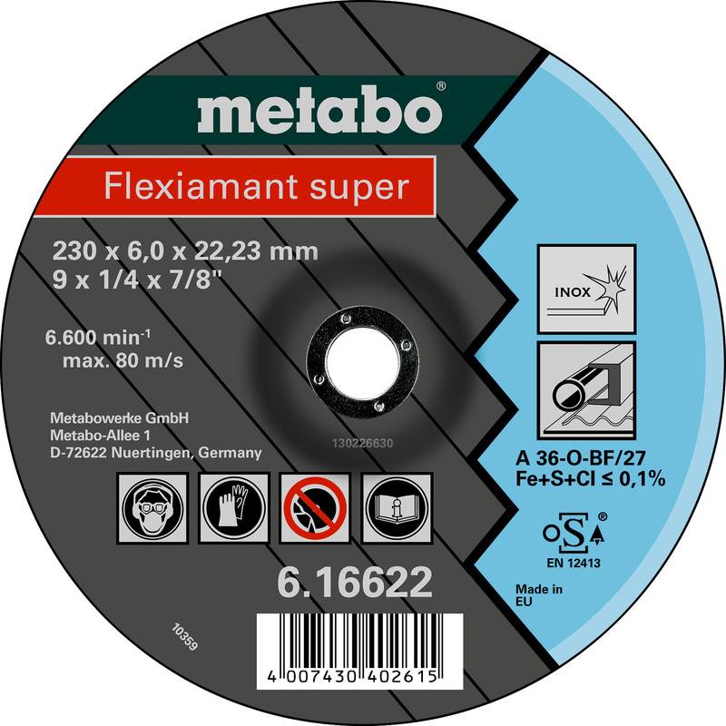 Metabo Flexiamant super slijpschijf voor snijden, 230 x 6.0 x 22.23 mm, met veiligheidspictogrammen, streepjescode en productnummer 6.16622.