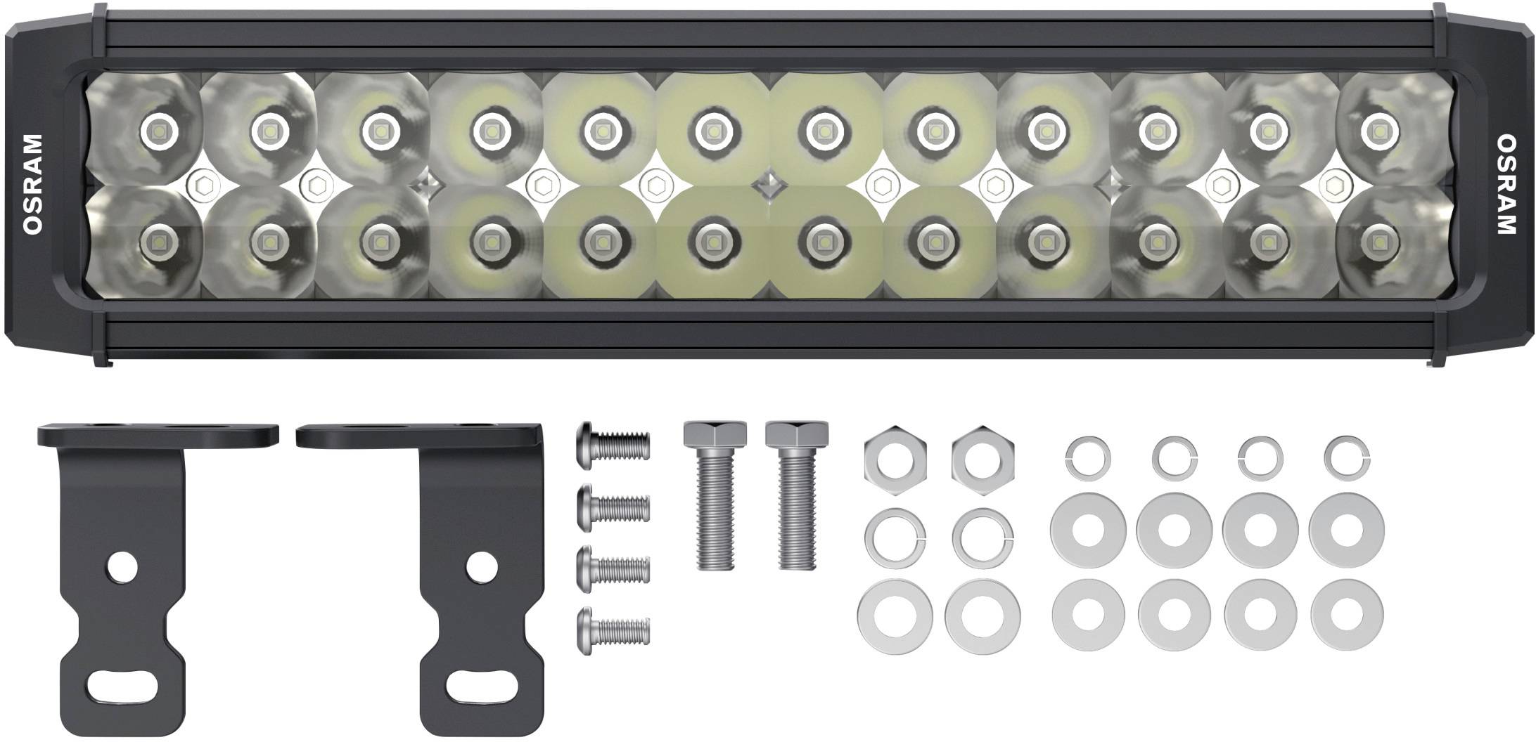 Een LED-lichtbalk met bevestigingsbeugels, schroeven, moeren en sluitringen. Ideaal voor montage op voertuigen.