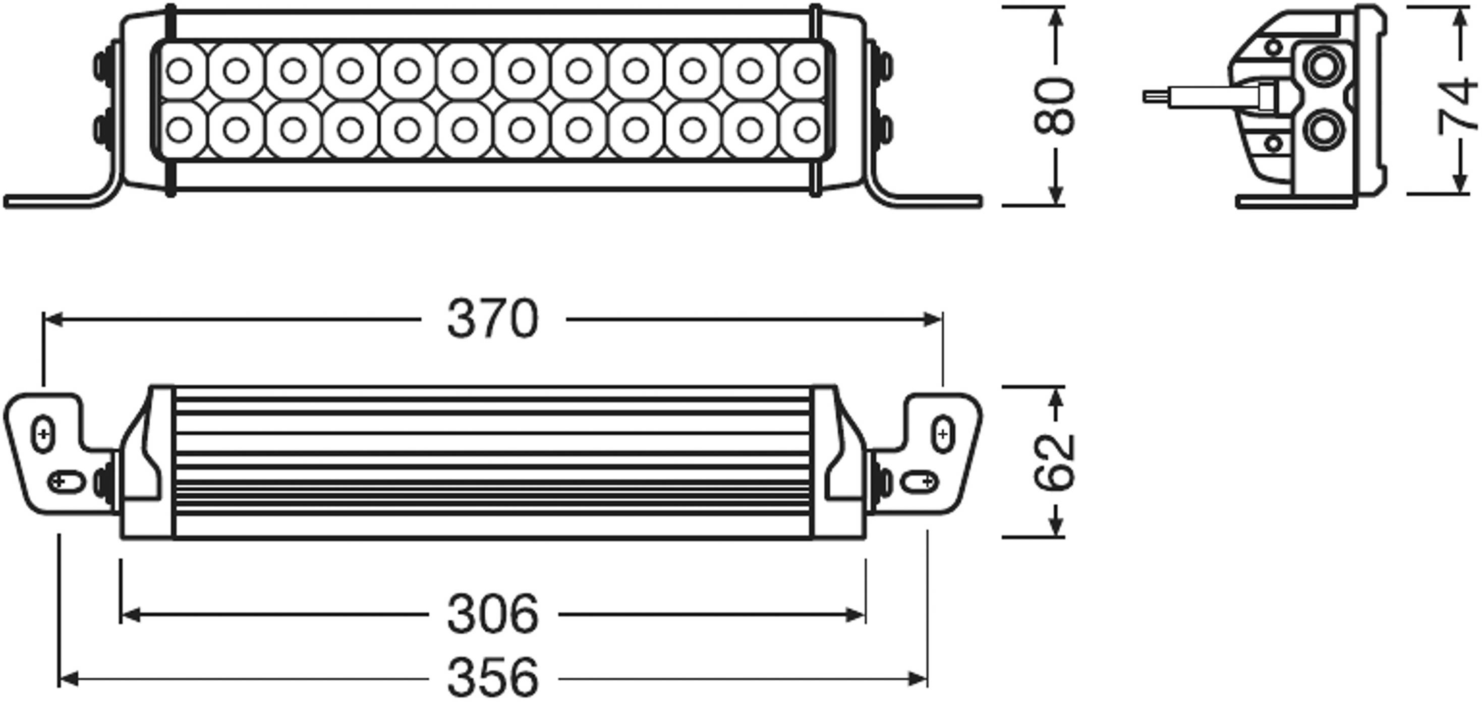 Technische tekening van een LED-lichtbalk met afmetingen: lengte 370 mm, hoogte 62 mm, breedte 80 mm. Bovenaanzicht en zijaanzicht.