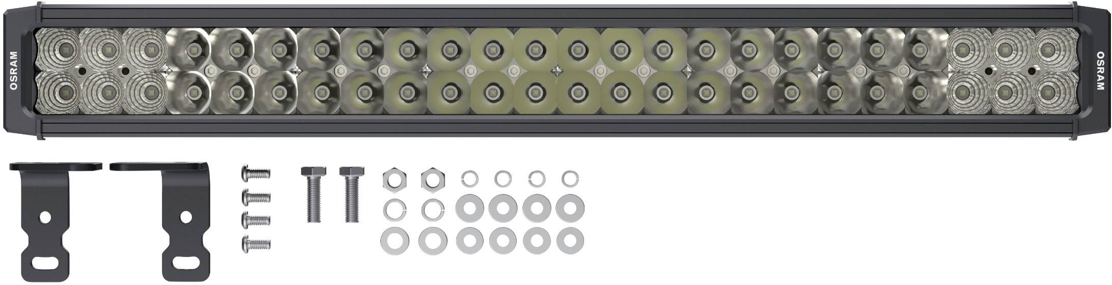 LED-lichtbalk met steunen en bevestigingsonderdelen, geschikt voor montage op voertuigen. Ideaal voor extra verlichting.