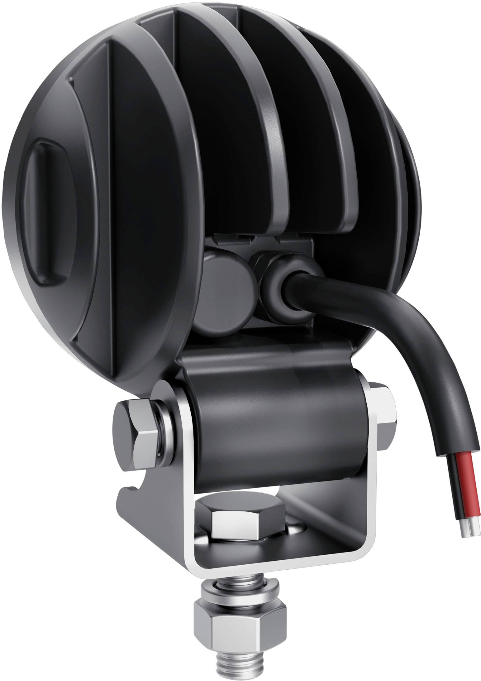 Rond zwart apparaat met drie kabels, bevestigd aan een metalen steun. Een kabel is zichtbaar aangesloten.