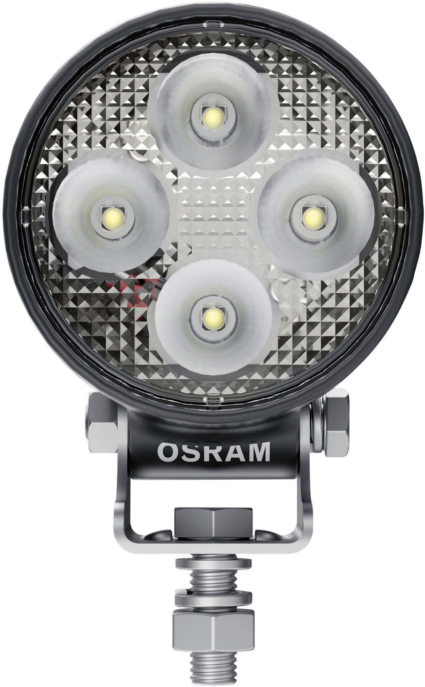 Een ronde LED-koplamp met vier lichtgevende dioden, gemonteerd op een robuuste metalen beugel met het opschrift 'OSRAM'.