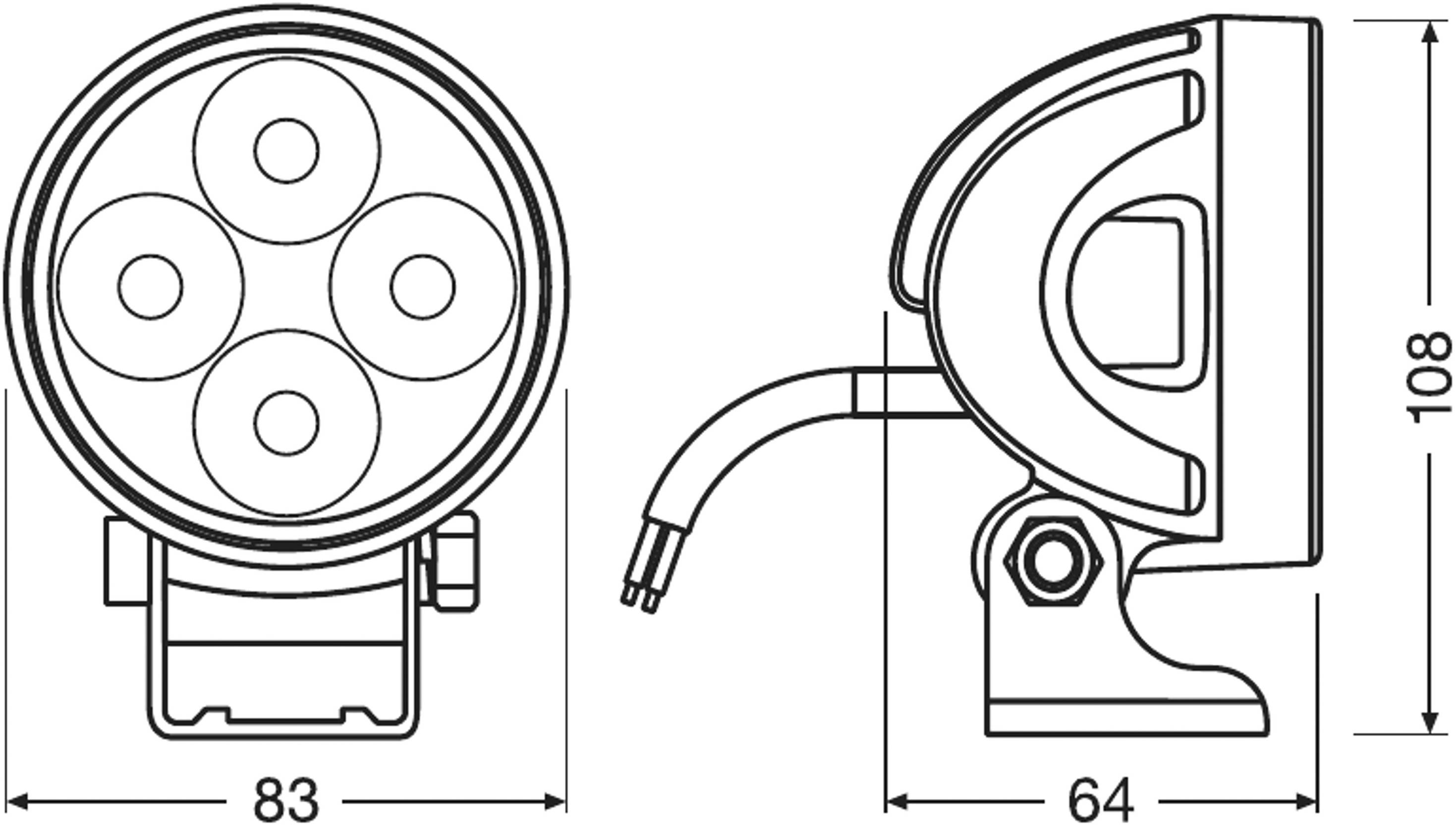 'Schets van een ronde lamp met vijf LED's, afmetingen: breedte 83 mm, diepte 64 mm, hoogte 108 mm. Zij- en vooraanzicht.'