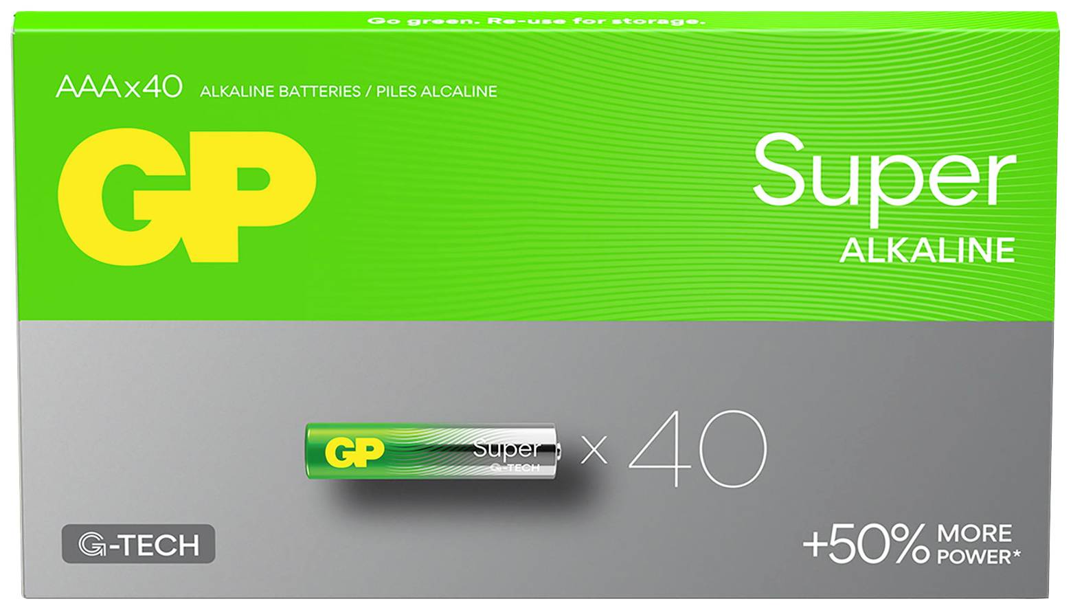 'GP Super Alkaline' Batterijverpakking, bevat 40 AAA-batterijen met 50% meer vermogen, groen-grijs ontwerp met G-TECH Logo.