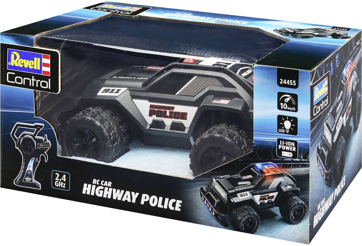 Een verpakking van een RC-speelgoedauto van Revell met het opschrift 'Highway Police'. Toont de auto in politiedesign met afstandsbediening.