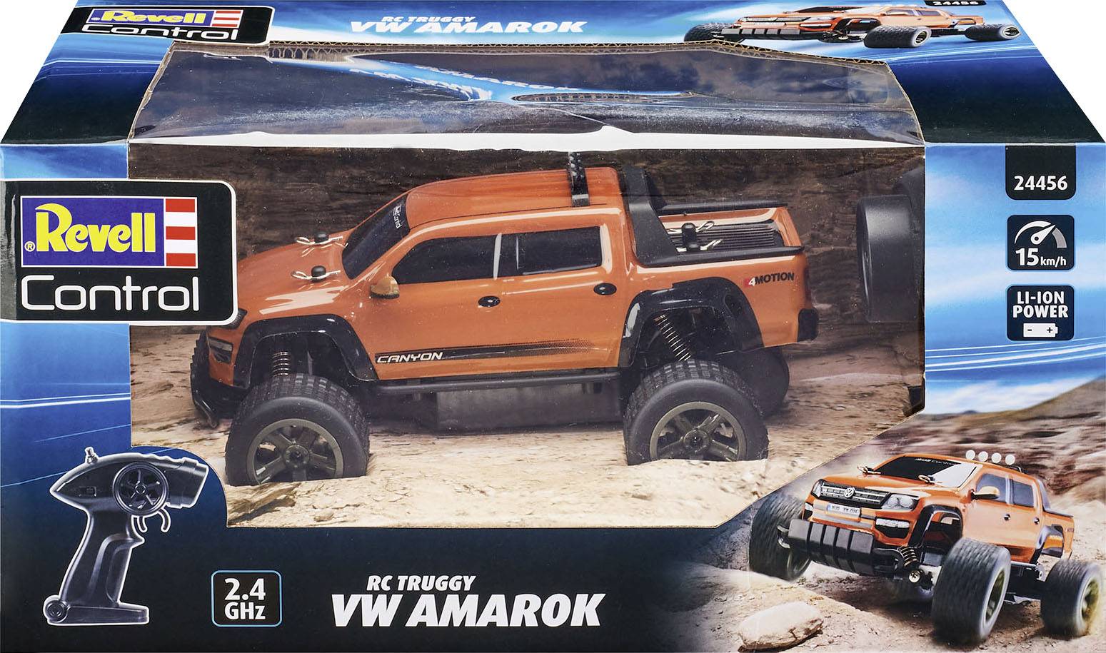 Een oranje afstandsbediende terreinauto-verpakking 'VW Amarok' van Revell Control, geschikt vanaf 15 jaar, 2,4 GHz.