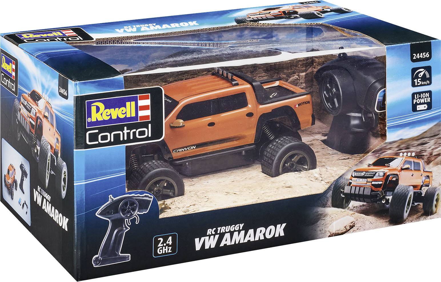 Verpakking van een afstandsbediende VW Amarok-model van Revell, met 2,4 GHz afstandsbediening. Het model is oranje en terreinvaardig.