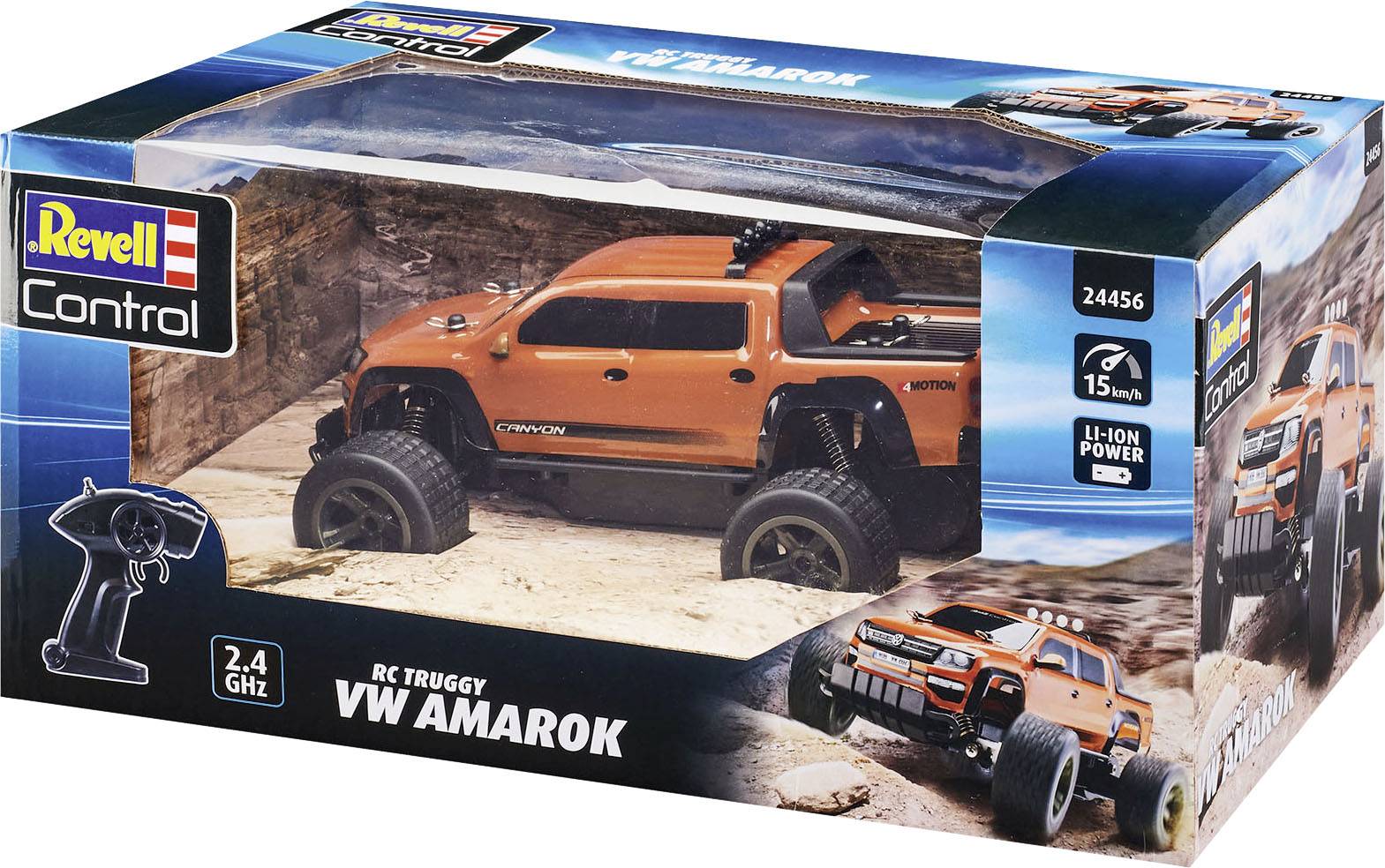 RC-truck op schaal 1:14 van Revell Control. Toont de VW Amarok in oranje op rotsachtig terrein, verpakking benadrukt afstandsbediening en Li-ion-accu.