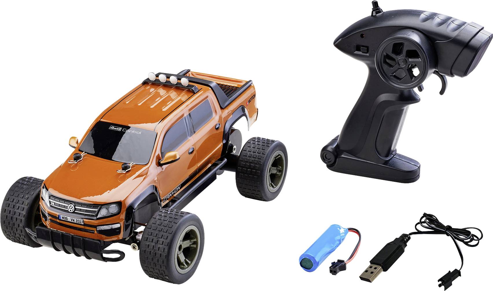 Oranje afstandsbestuurbare auto in monstertruck-stijl met radiobesturing, batterijen en USB-oplaadkabel.