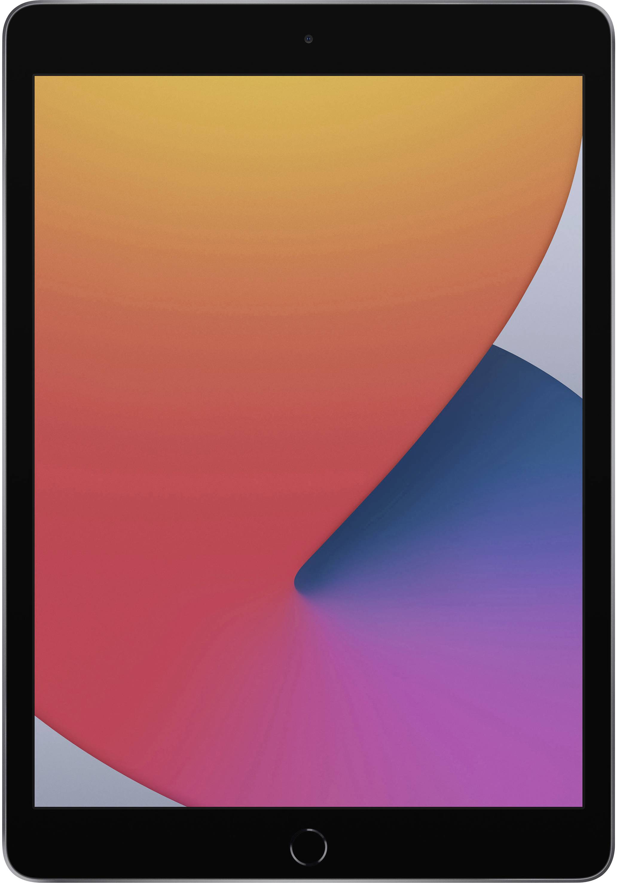 Tablet met zwarte rand, met op het scherm een abstract, kleurrijk achtergrondbeeld in oranje, rood, paars en blauw.