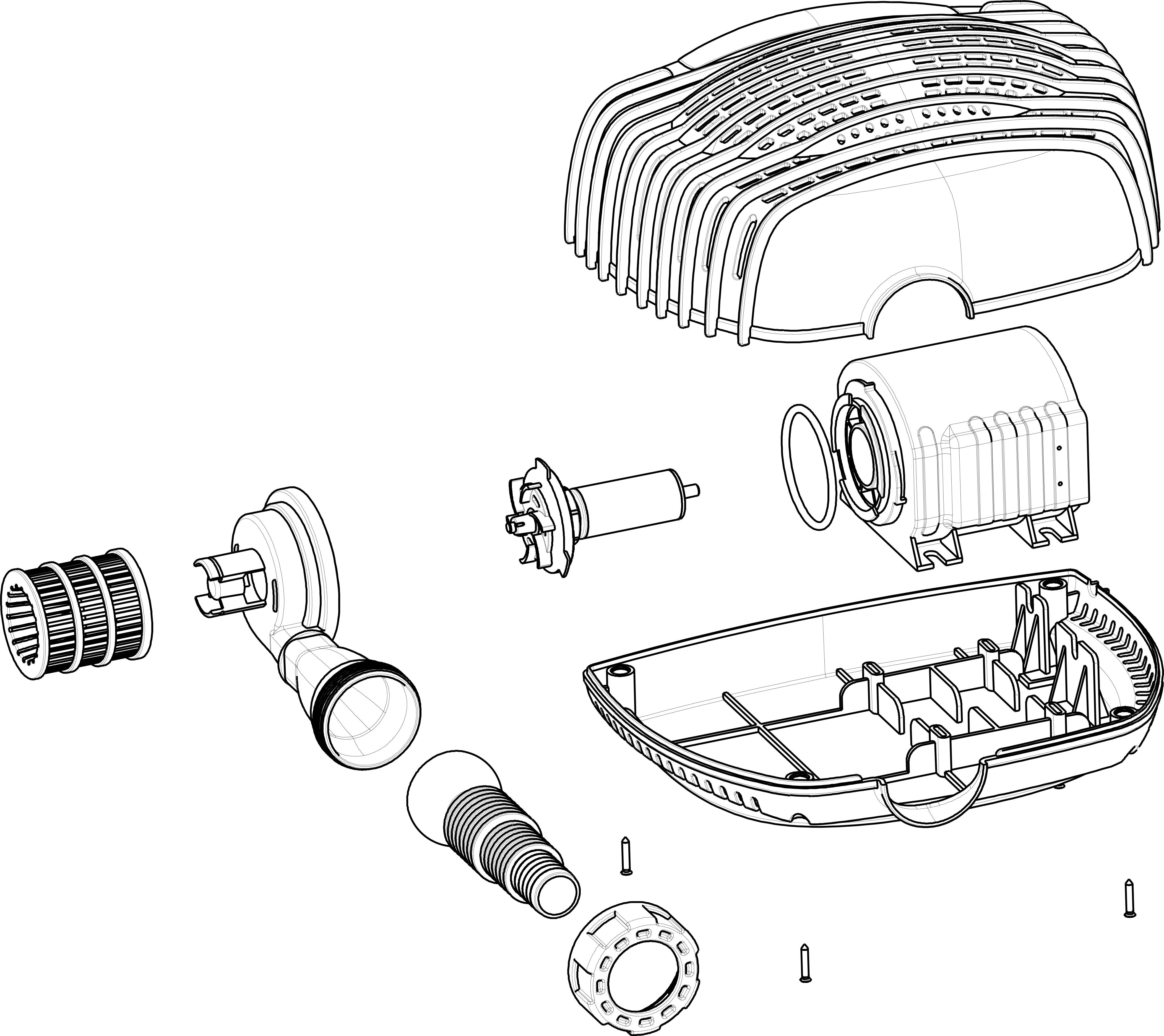 Ontploffingstekening van een koplamp met onderdelen: afdekking, lens, lampvoet en schroeven. Toont structuur en montage.