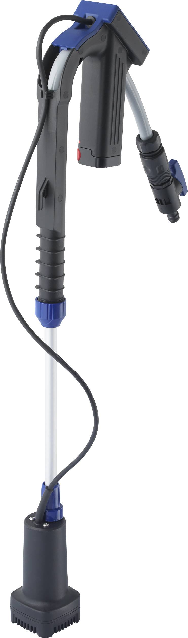 Draagbare elektrische waterpomp in blauwe en zwarte kleur met flexibele slang en ergonomische handgreep.
