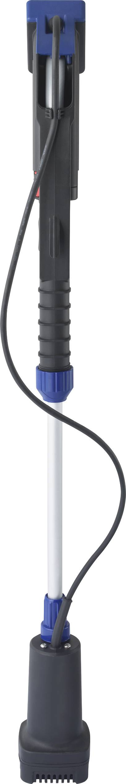 Een zwarte elektrische waterpomp met een blauwe en grijze handgreep. Een flexibele slang is aangesloten. Geschikt voor aquaria.