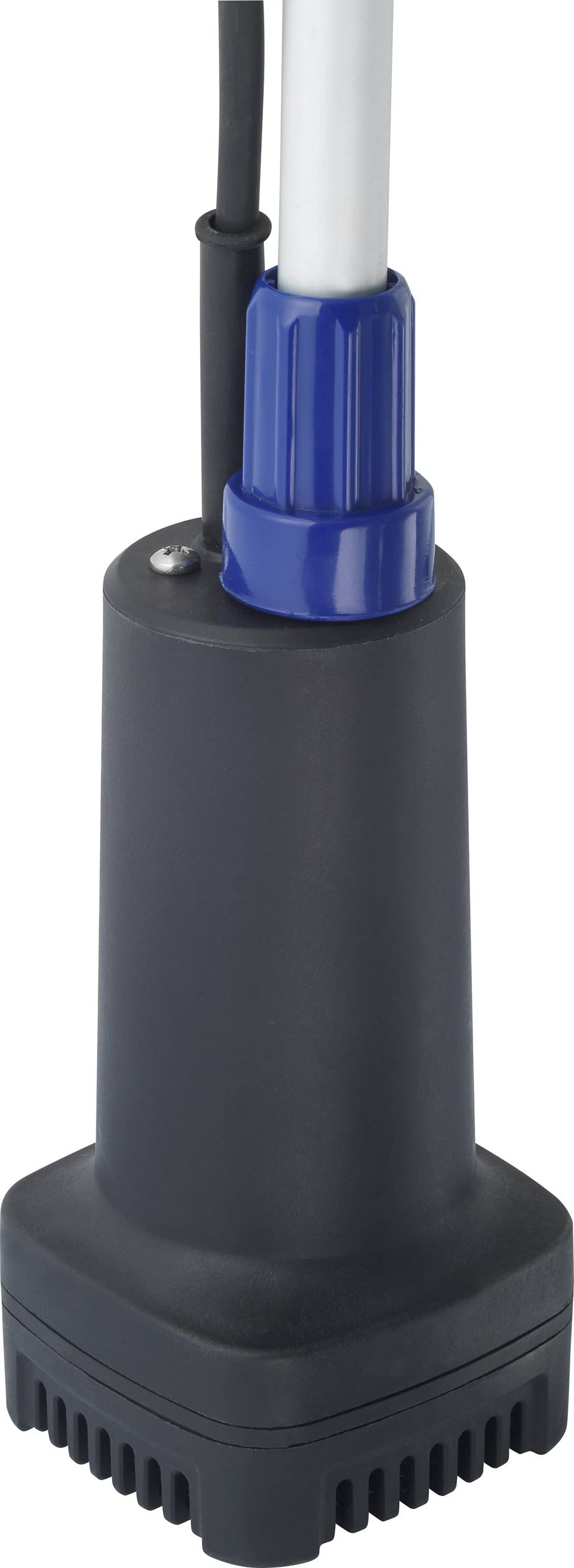 Een zwarte waterpomp met blauwe aansluiting, verticaal gepositioneerd.